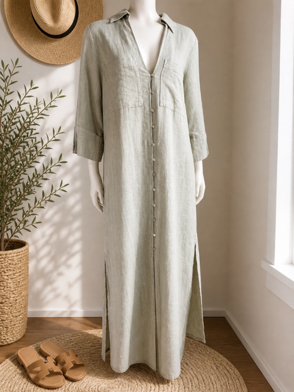 Zara Linen Blend Maxi Shirt Dress NWT XS Sage Green Button Front - Picture 6 of 6